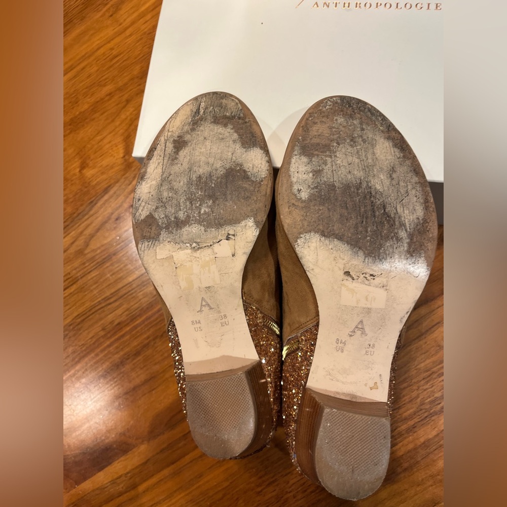Anthropologie Glitter Heel Tan Ankle Boots - Picture 5 of 5